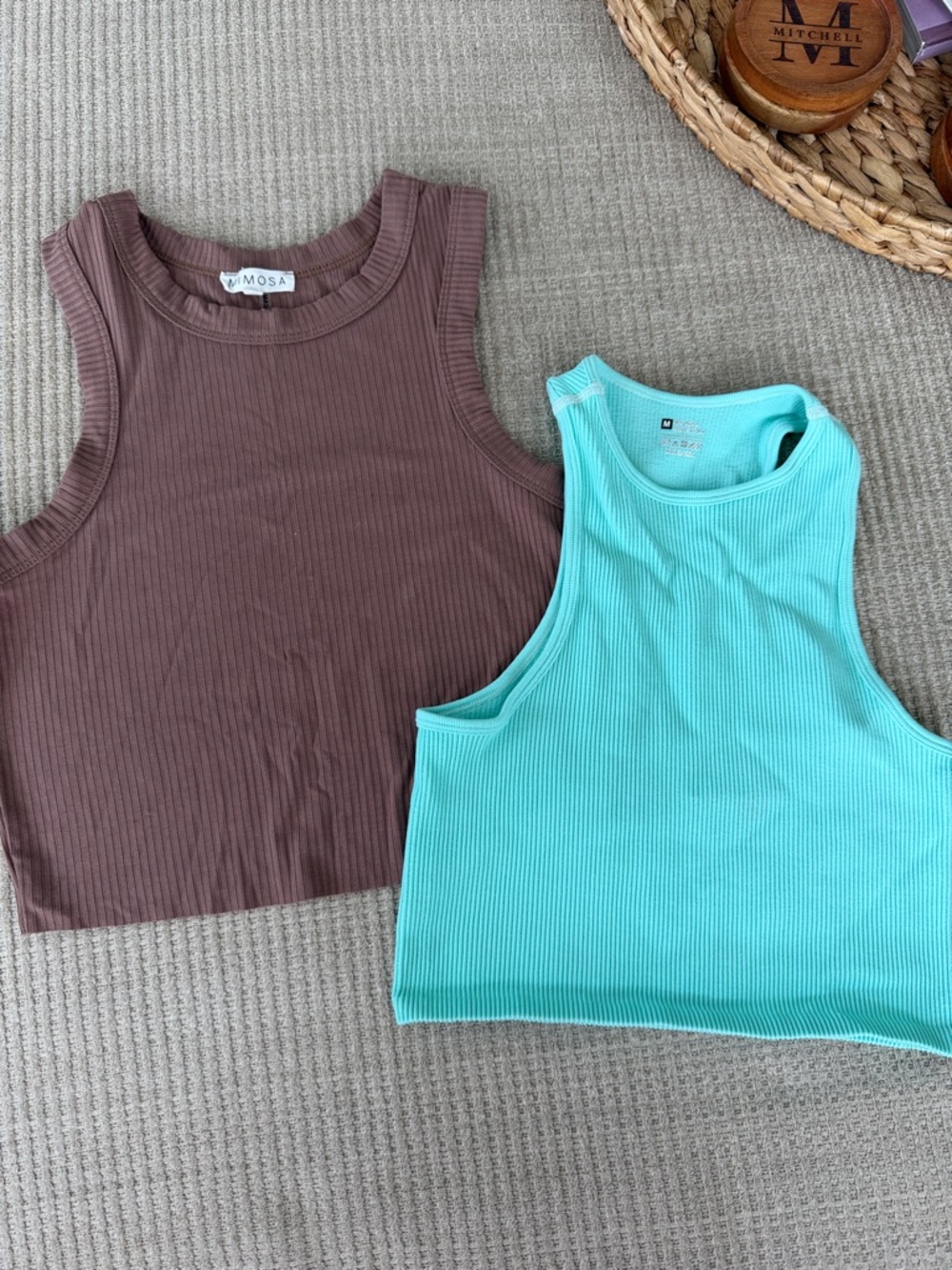 Ribbed Cropped Tank Tops - Chocolate Brown & Aqua